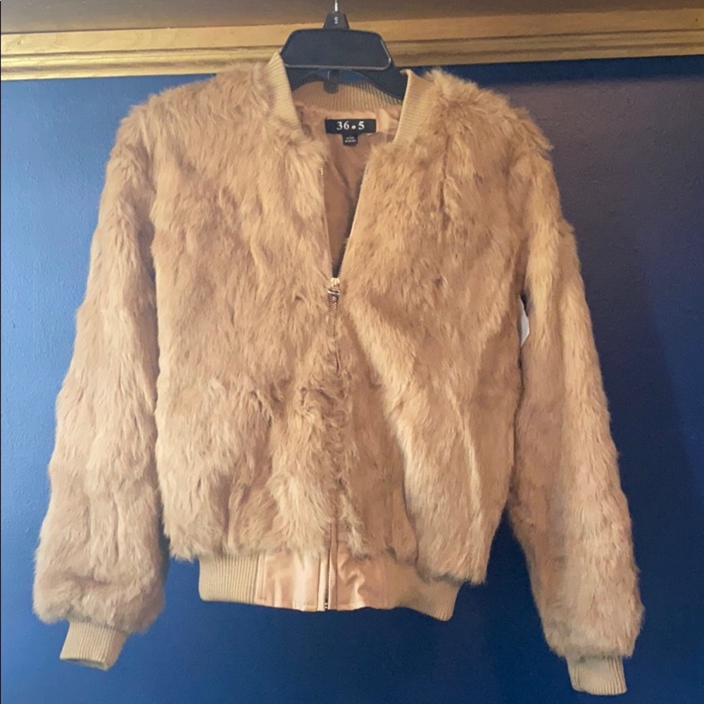 NWT tan rabbit hair bomber jacket from Akira